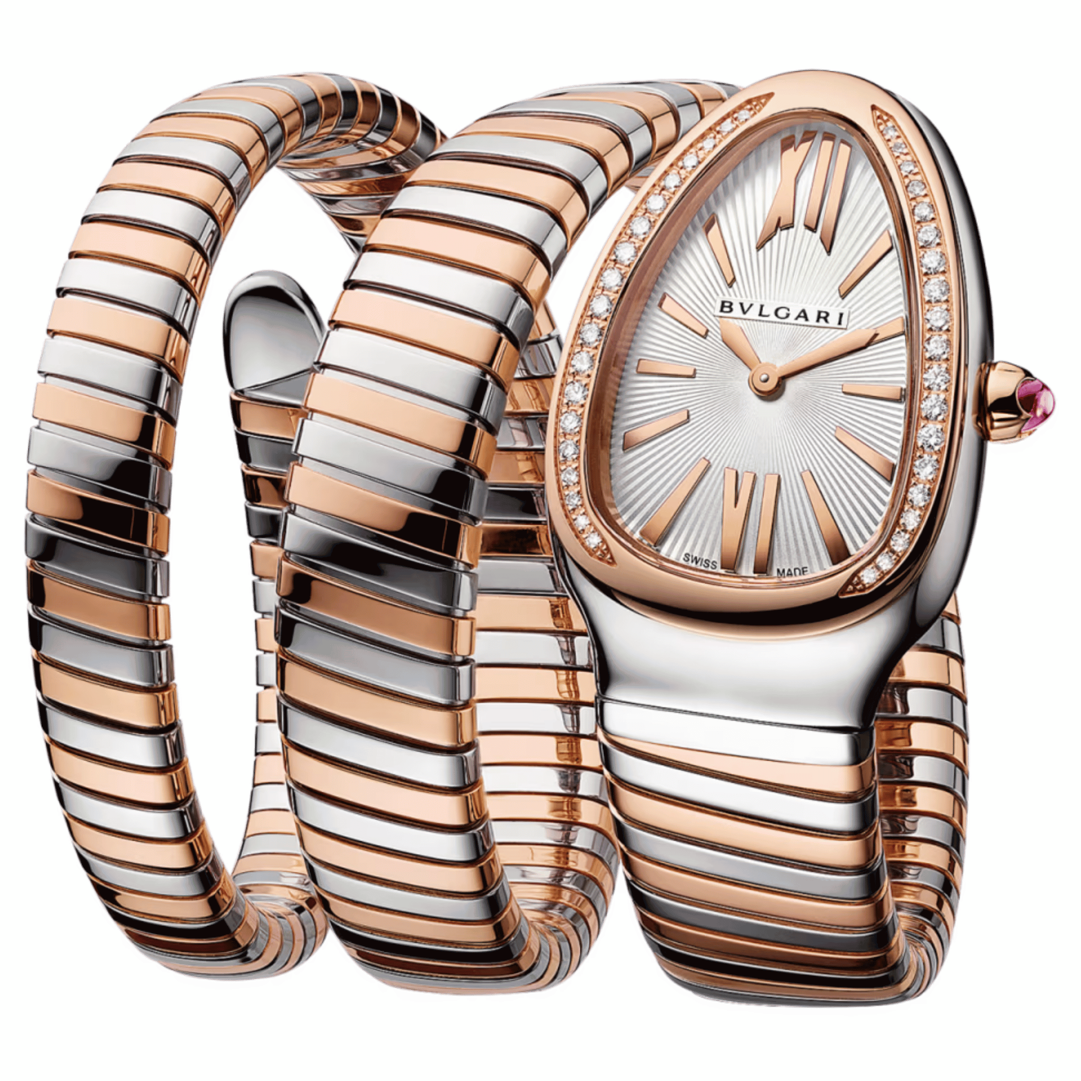 Bulgari Serpenti Tubogas quartz watch bezel set opaline silver dial steel and rose gold bracelet double tour 35 mm