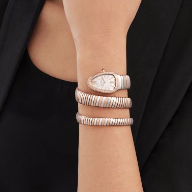 Bulgari Serpenti Tubogas quartz watch bezel set opaline silver dial steel and rose gold bracelet double tour 35 mm