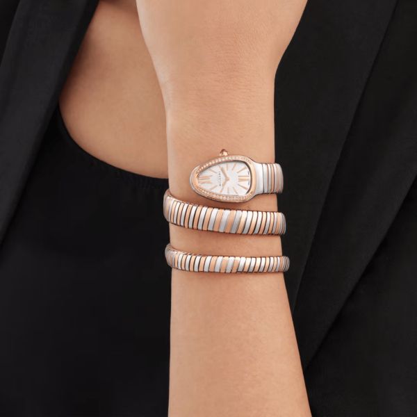 Bulgari Serpenti Tubogas quartz watch bezel set opaline silver dial steel and rose gold bracelet double tour 35 mm