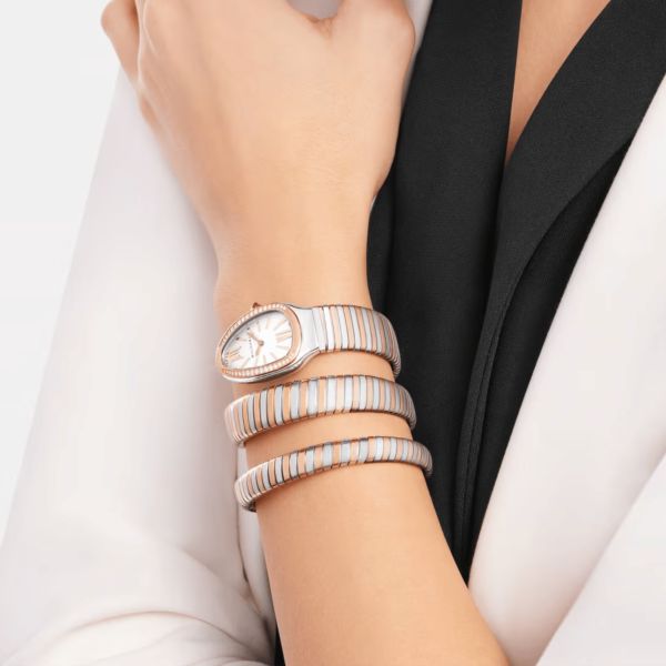 Bulgari Serpenti Tubogas quartz watch bezel set opaline silver dial steel and rose gold bracelet double tour 35 mm