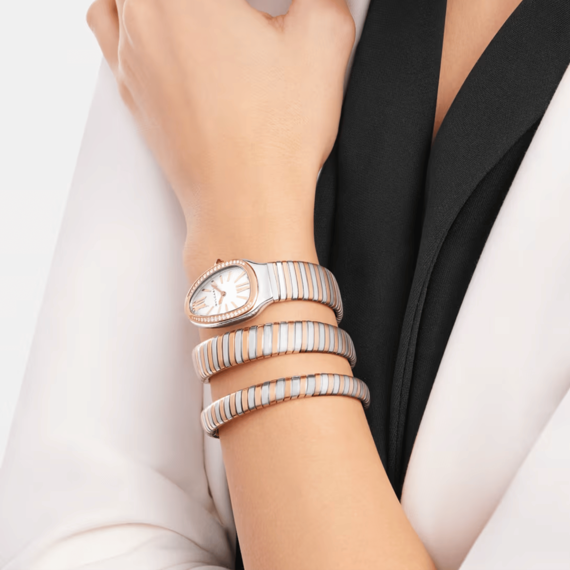 Bulgari Serpenti Tubogas quartz watch bezel set opaline silver dial steel and rose gold bracelet double tour 35 mm