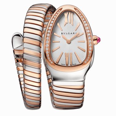 Montre Bulgari Serpenti Tubogas quartz lunette sertie cadran blanc opalin bracelet acier et or rose 35 mm