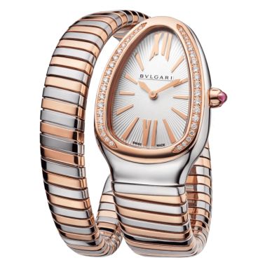 Montre Bulgari Serpenti Tubogas quartz lunette sertie cadran blanc opalin bracelet acier et or rose 35 mm