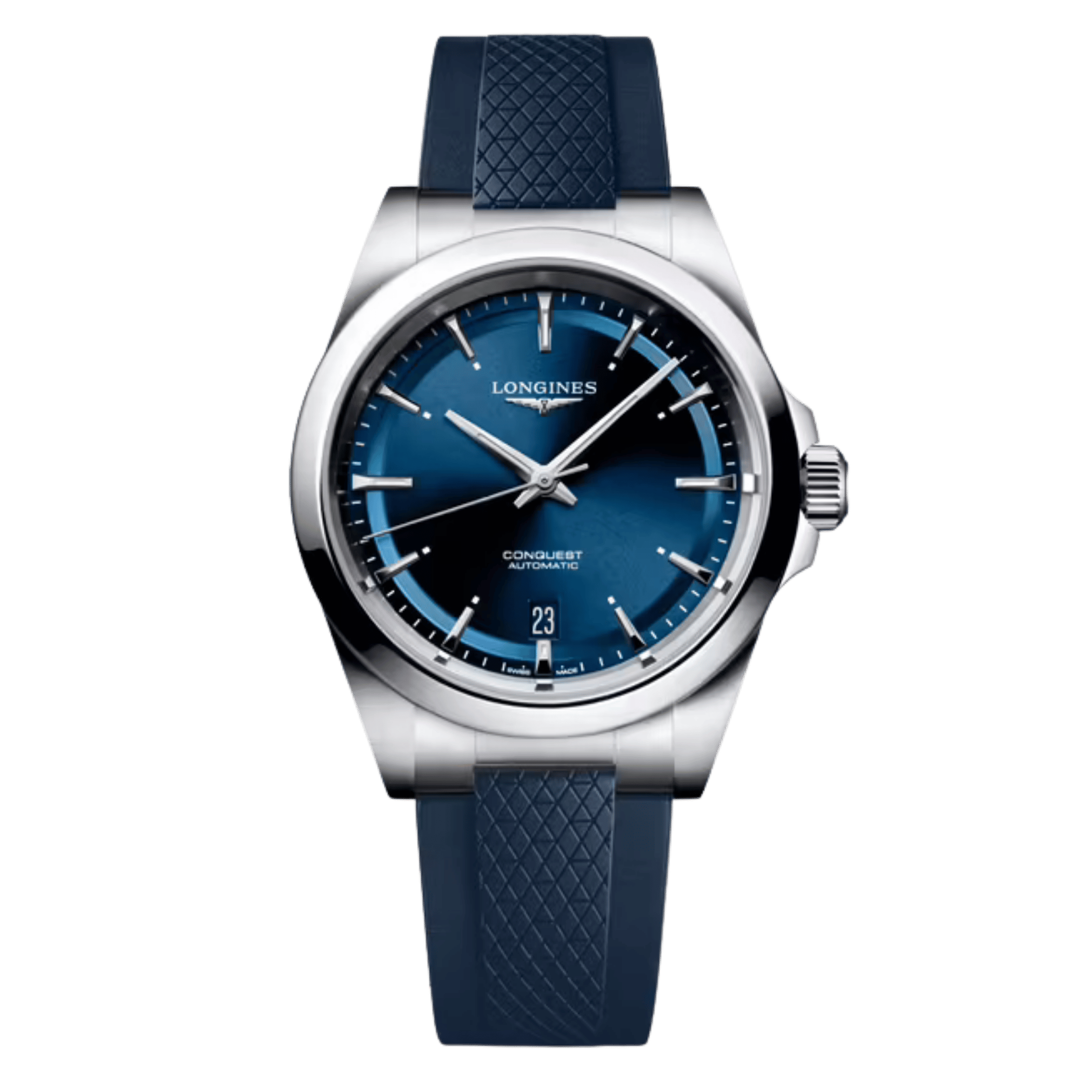 Montre Longines Conquest automatique cadran bleu bracelet caoutchouc bleu 38 mm