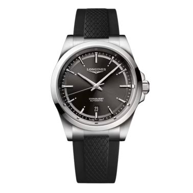 Longines Conquest automatic watch, black dial, black rubber strap, 41 mm