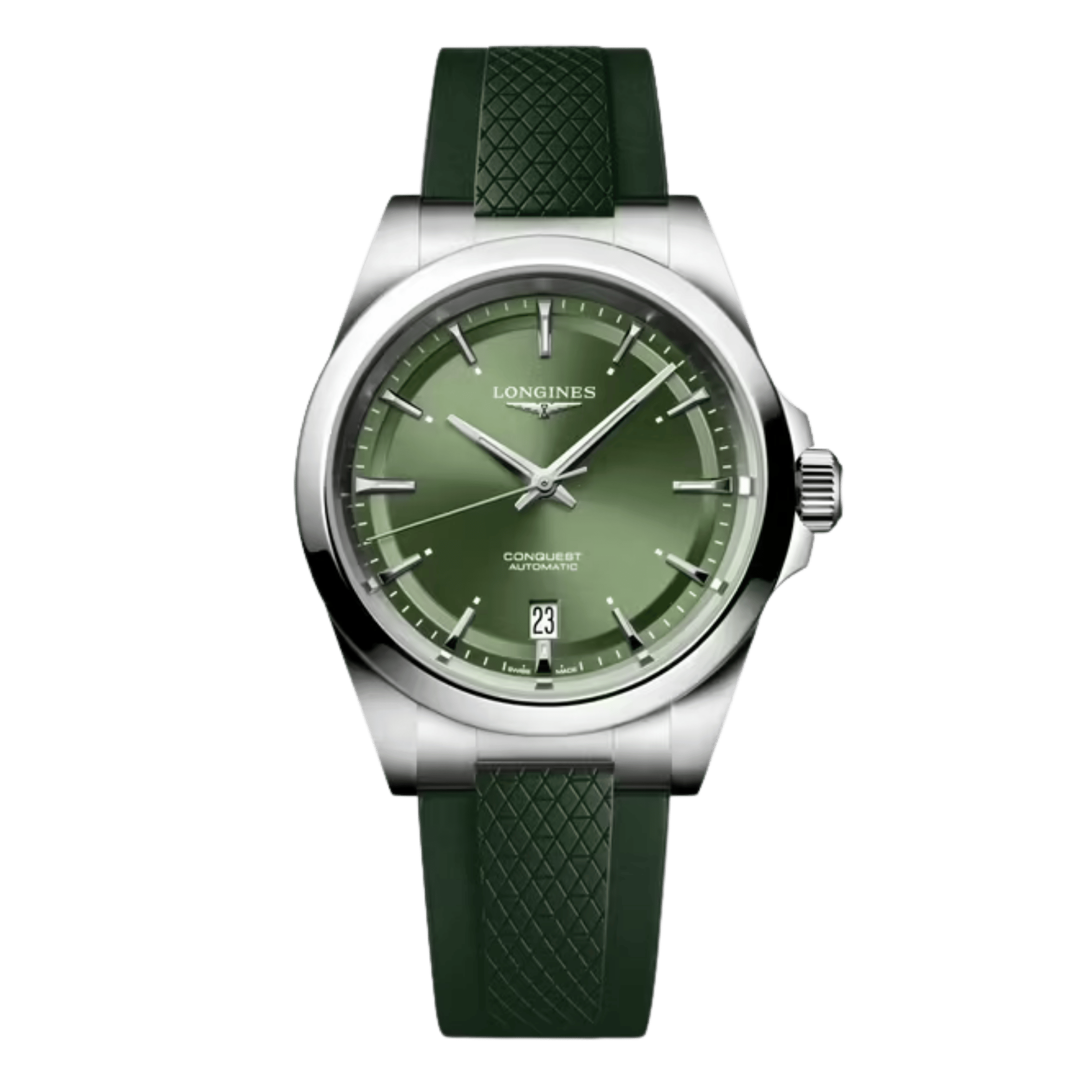 Longines Conquest automatic watch, green dial, green rubber strap, 38 mmLongines Conquest automatic watch, green dial, green rub