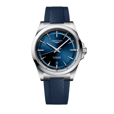 Longines Conquest automatic watch, blue dial, blue rubber strap, 41 mm