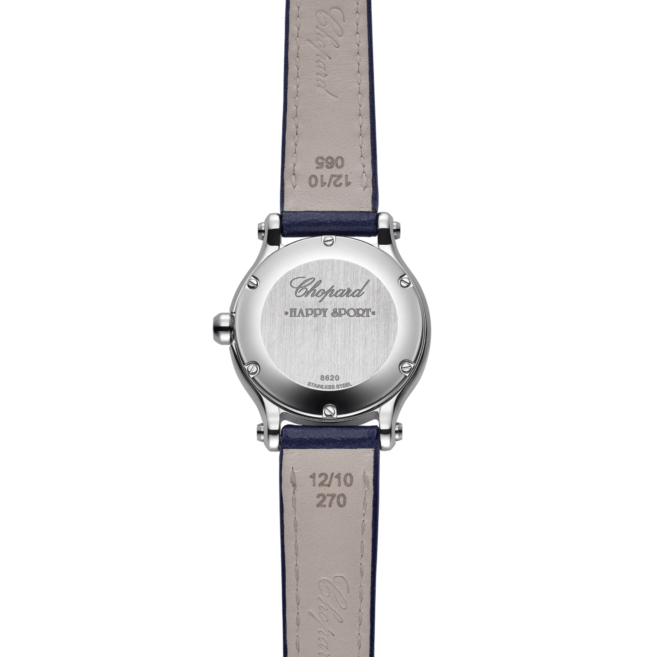 Montre Chopard Happy Sport quartz cadran argent bracelet cuir bleu 25 mm