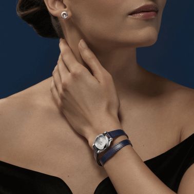 Montre Chopard Happy Sport quartz cadran argent bracelet cuir bleu 25 mm