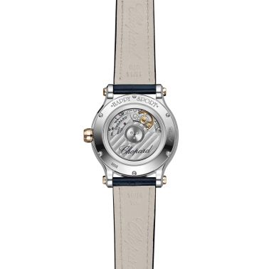 Chopard Happy Sport automatic rose gold bezel silver dial blue leather strap 33 mm