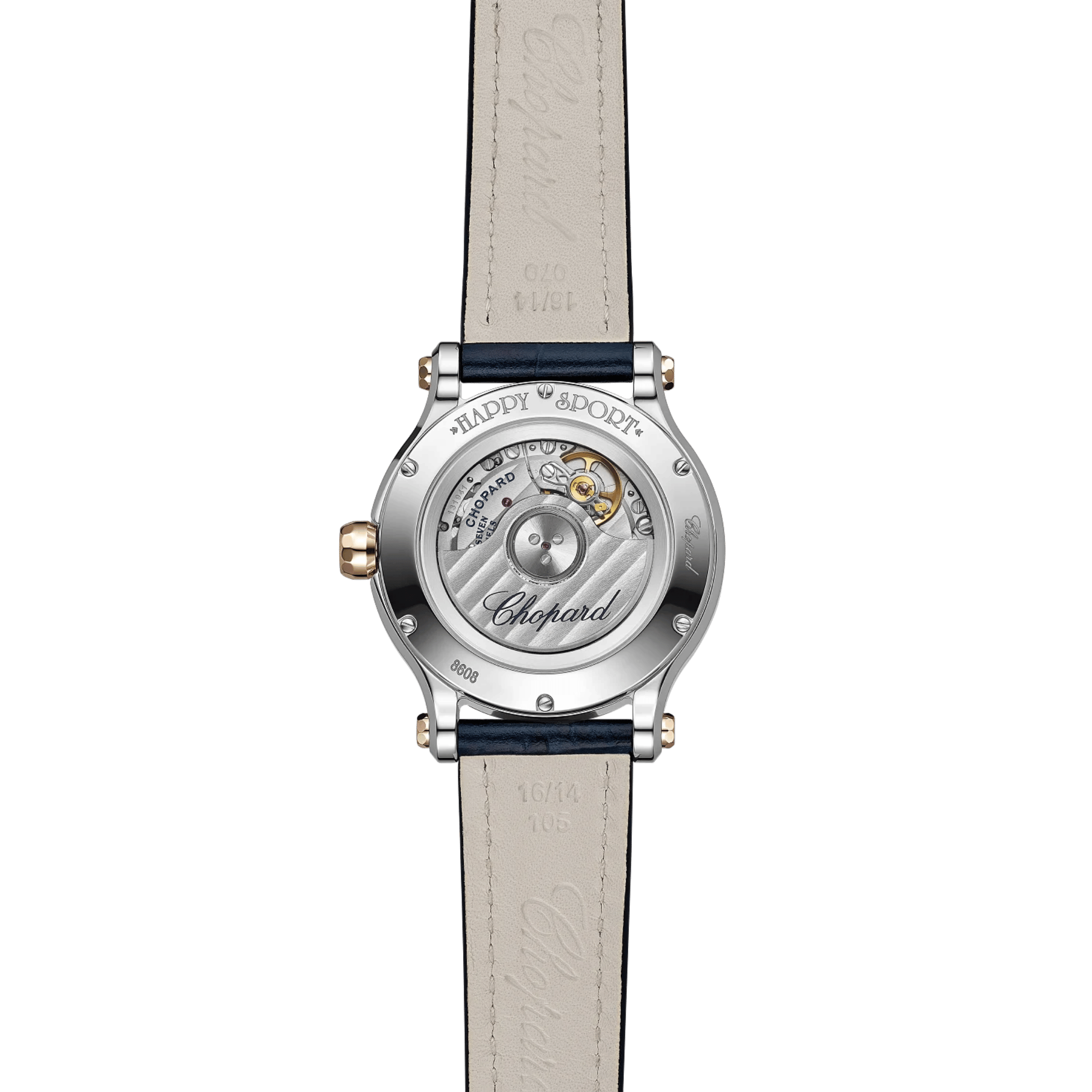 Chopard Happy Sport automatic rose gold bezel silver dial blue leather strap 33 mm