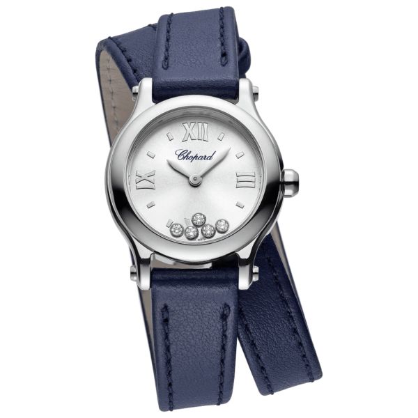 Montre Chopard Happy Sport quartz cadran argent bracelet cuir bleu 25 mm