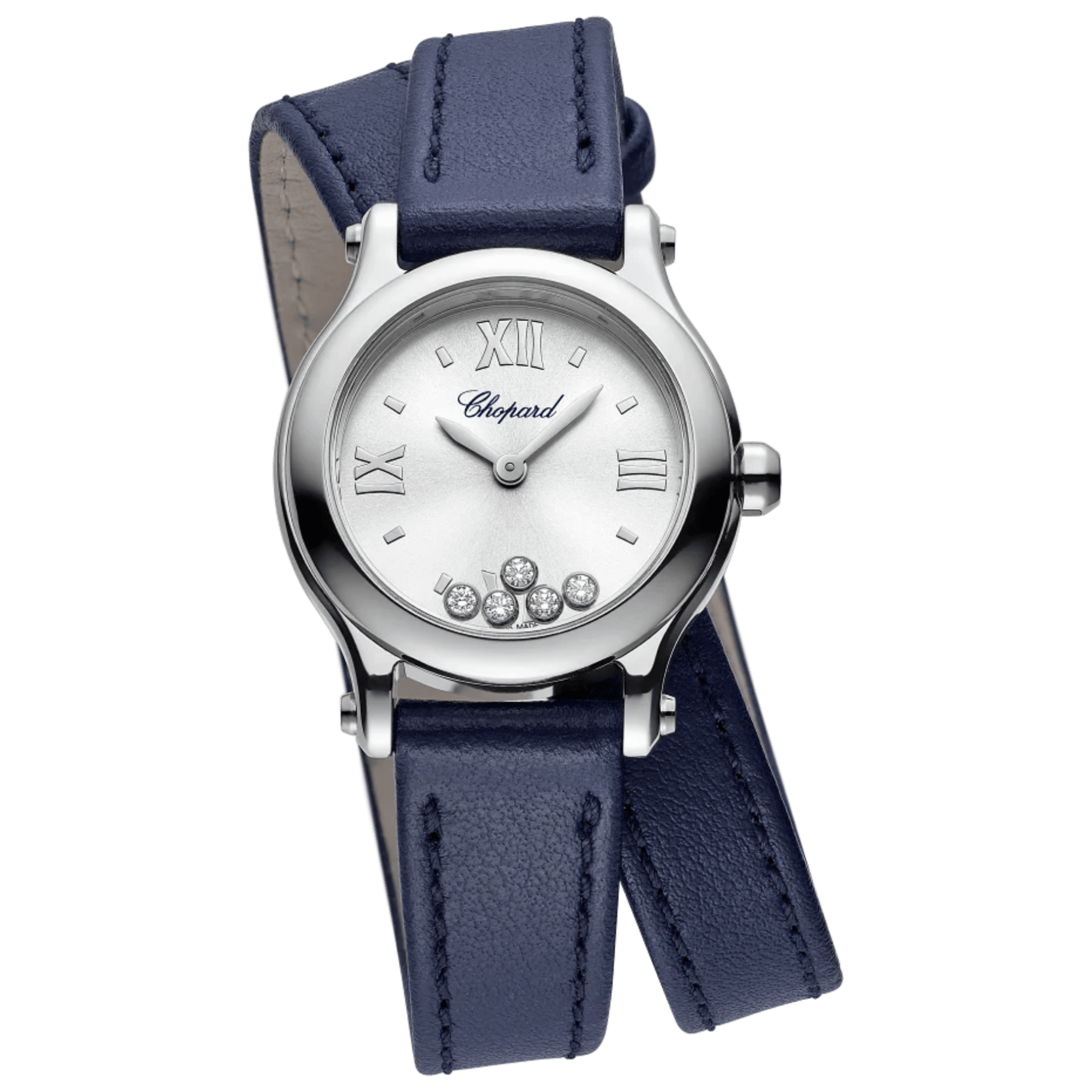 Montre Chopard Happy Sport quartz cadran argent bracelet cuir bleu 25 mm