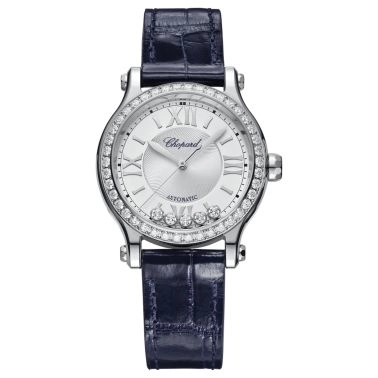 Chopard Happy Sport automatic set bezel silver dial blue leather strap 33 mm