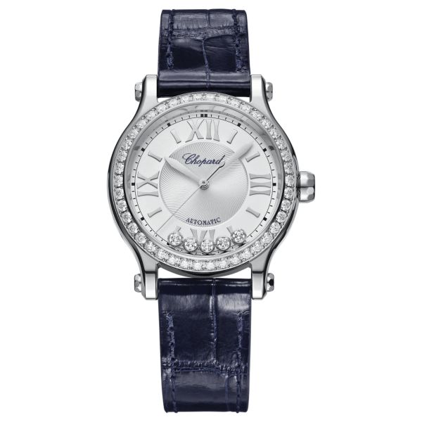 Montre Chopard Happy Sport automatique lunette sertie cadran argenté bracelet cuir bleu 33 mm