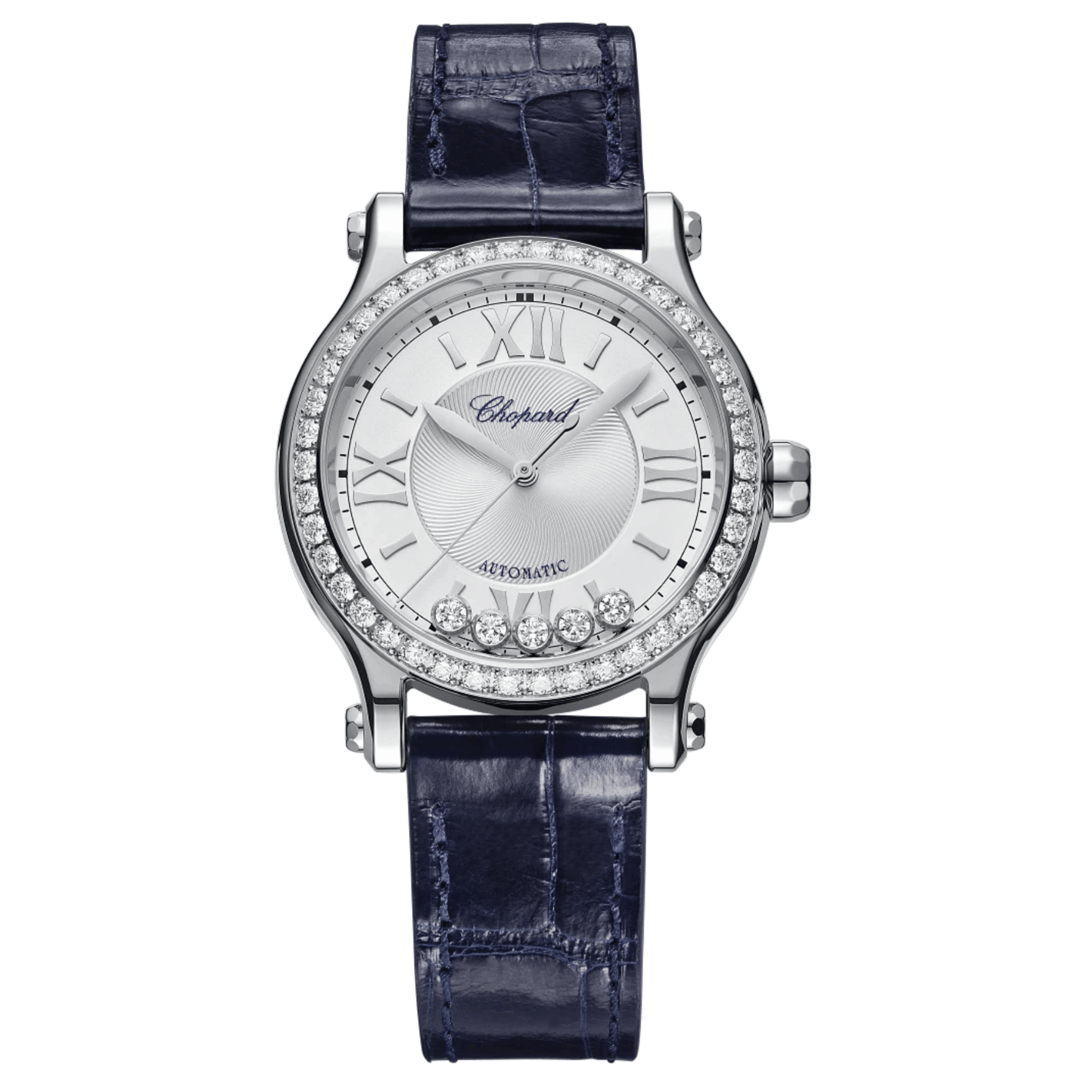 Chopard Happy Sport automatic set bezel silver dial blue leather strap 33 mm