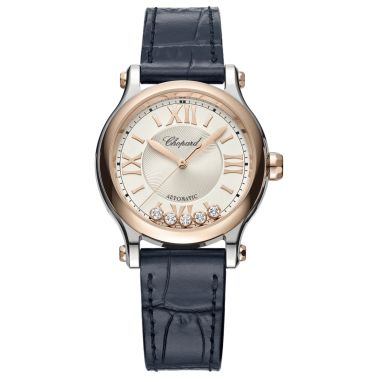 Montre Chopard Happy Sport automatique lunette or rose cadran argenté bracelet cuir bleu 33 mm