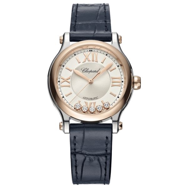Chopard Happy Sport automatic rose gold bezel silver dial blue leather strap 33 mm