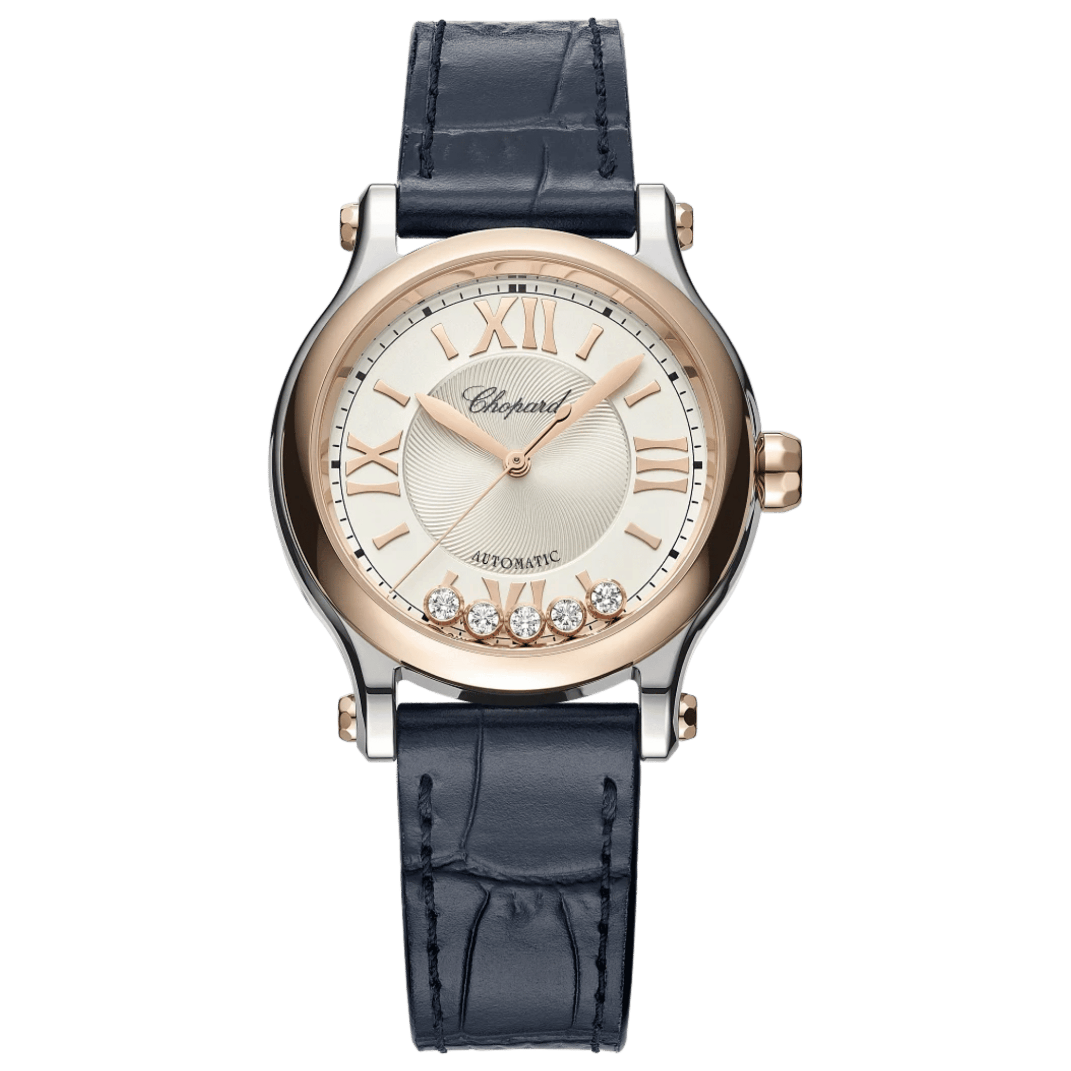 Chopard Happy Sport automatic rose gold bezel silver dial blue leather strap 33 mm