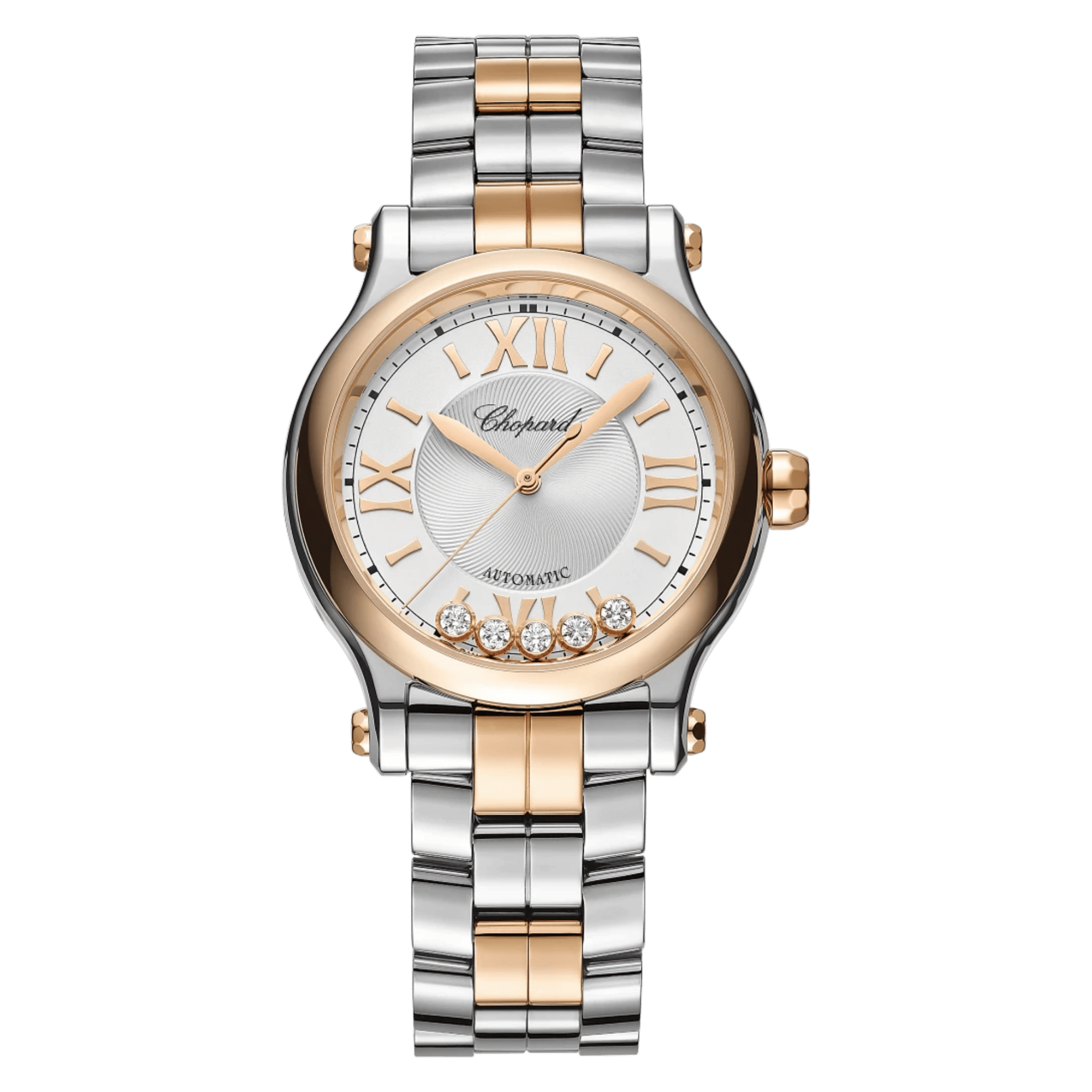 Montre Chopard Happy Sport automatique lunette or rose cadran argenté bracelet acier 33 mm