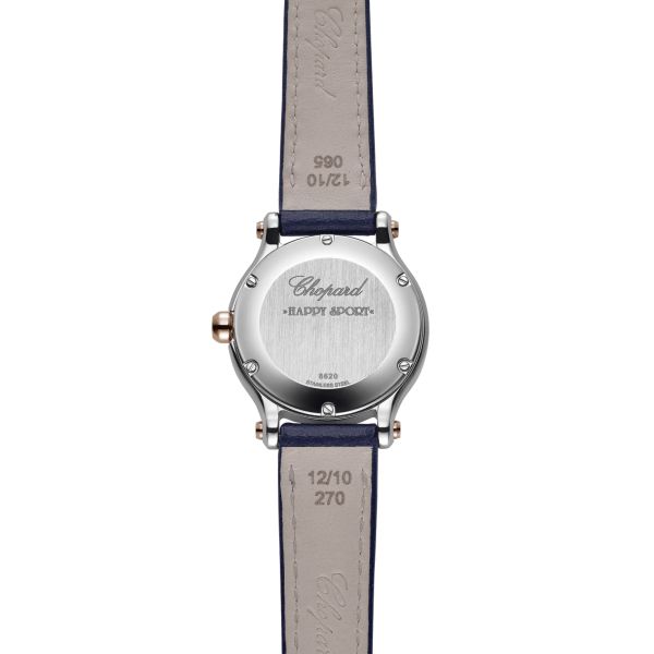Chopard Happy Sport quartz rose gold bezel silver dial blue leather strap 25 mm