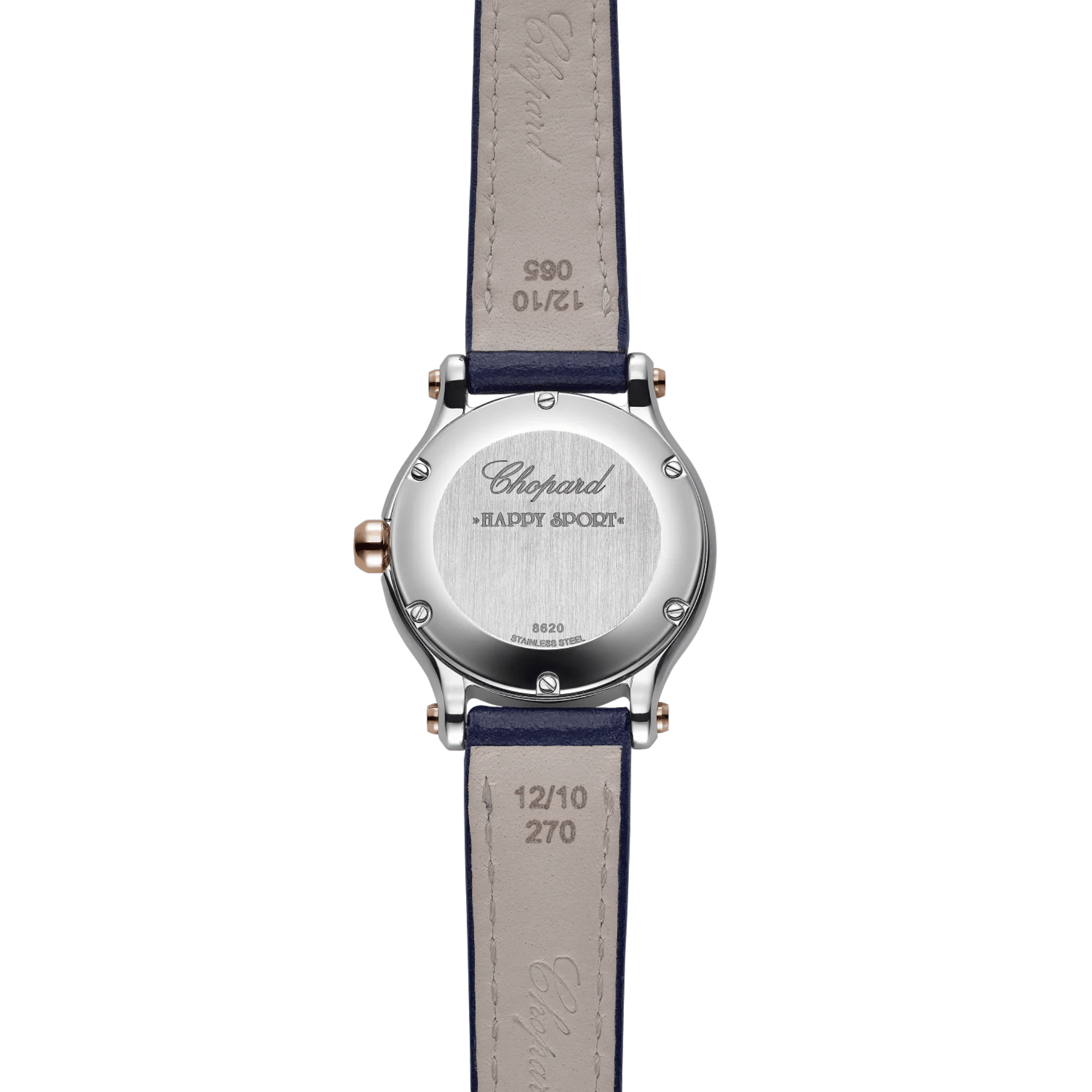 Chopard Happy Sport quartz rose gold bezel silver dial blue leather strap 25 mm