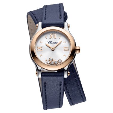 Montre Chopard Happy Sport quartz lunette or rose cadran argent bracelet cuir bleu 25 mm