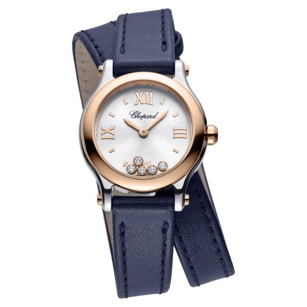 Chopard Happy Sport quartz rose gold bezel silver dial blue leather strap 25 mm