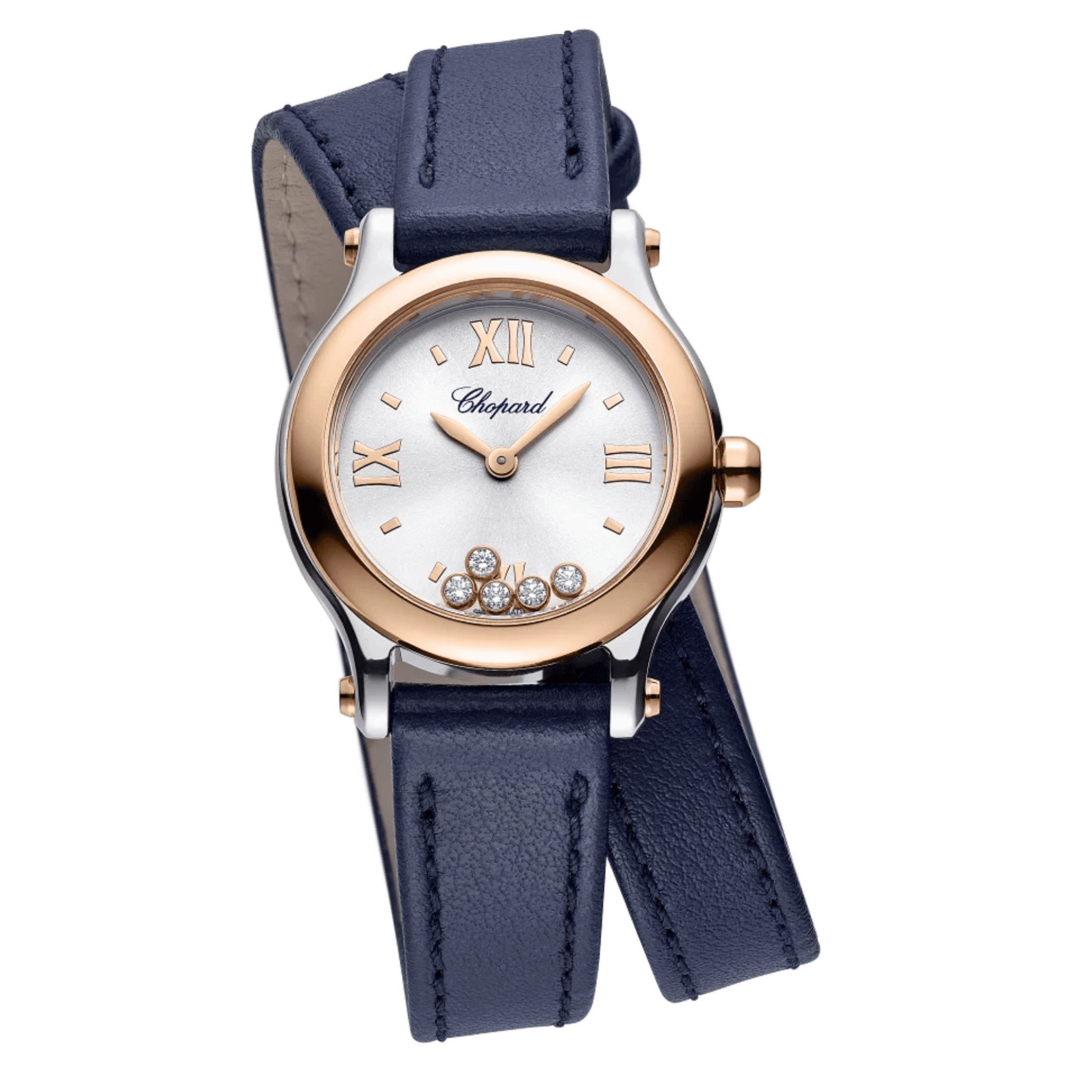 Chopard Happy Sport quartz rose gold bezel silver dial blue leather strap 25 mm