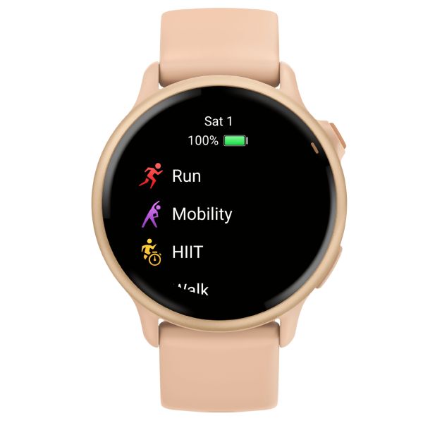 Garmin Vívoactive 6 Metallic Pink Dawn watch, peach pink strap, 42 mm