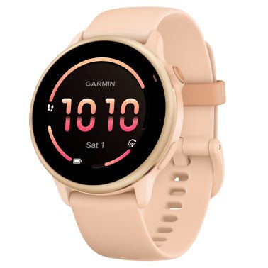 Garmin Vívoactive 6 Metallic Pink Dawn watch, peach pink strap, 42 mm