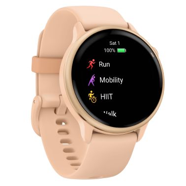 Garmin Vívoactive 6 Metallic Pink Dawn watch, peach pink strap, 42 mm