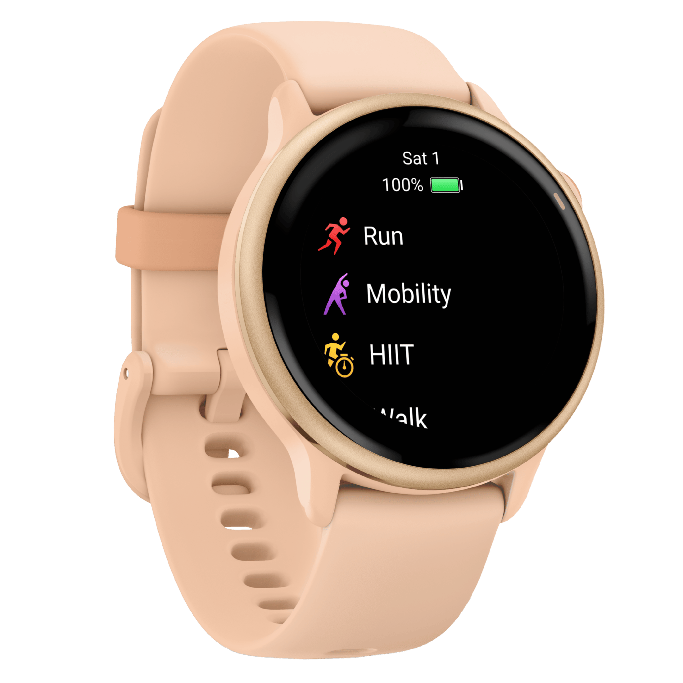 Garmin Vívoactive 6 Metallic Pink Dawn watch, peach pink strap, 42 mm