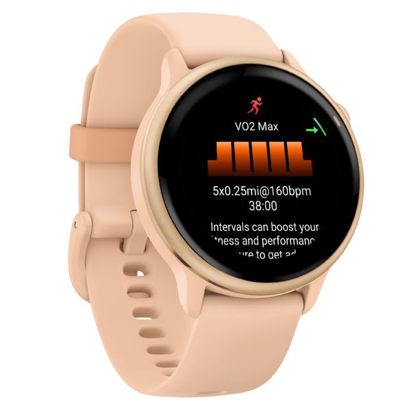 Garmin Vívoactive 6 Metallic Pink Dawn watch, peach pink strap, 42 mm
