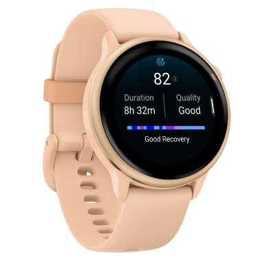 Garmin Vívoactive 6 Metallic Pink Dawn watch, peach pink strap, 42 mm