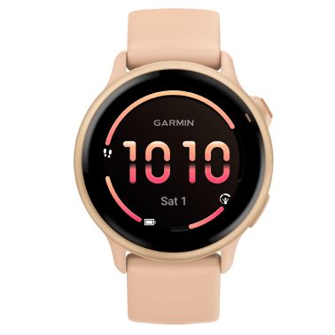 Garmin Vívoactive 6 Metallic Pink Dawn watch, peach pink strap, 42 mm
