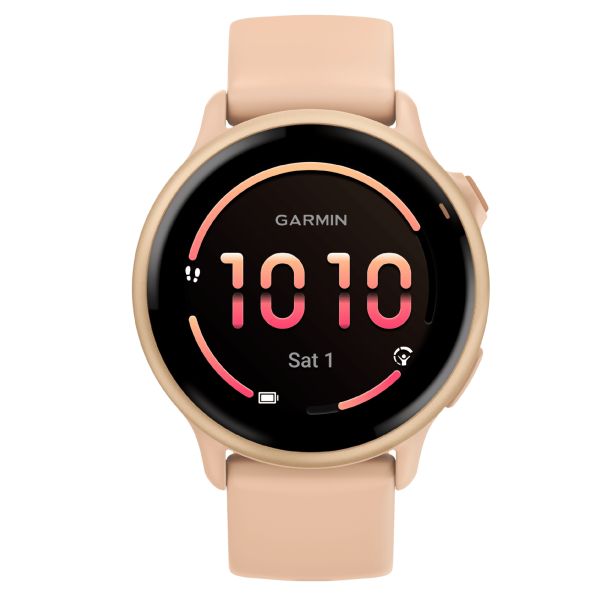 Garmin Vívoactive 6 Metallic Pink Dawn watch, peach pink strap, 42 mm