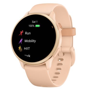 Garmin Vívoactive 6 Metallic Pink Dawn watch, peach pink strap, 42 mm