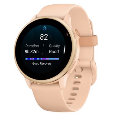 Garmin Vívoactive 6 Metallic Pink Dawn watch, peach pink strap, 42 mm