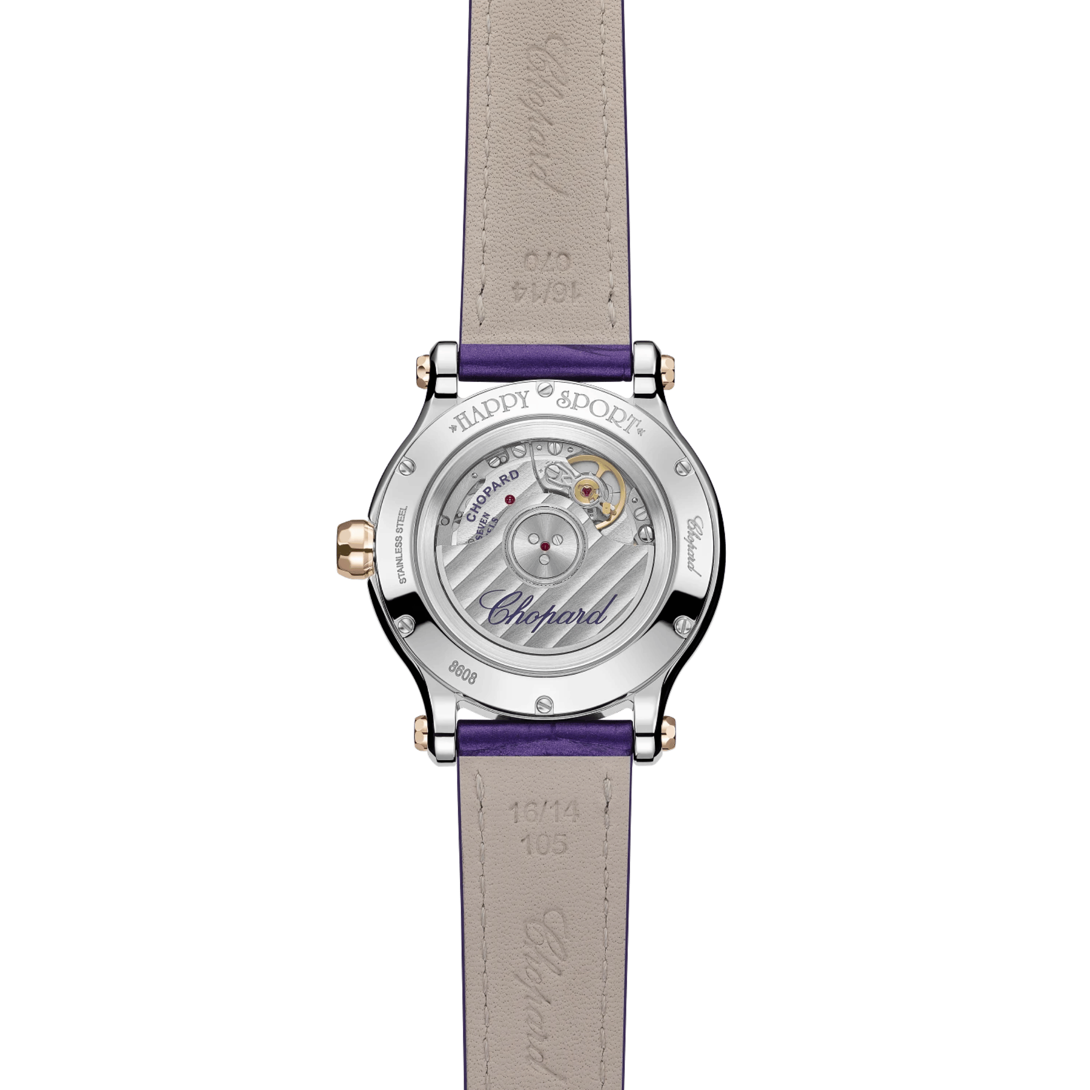 Chopard Happy Sport automatic bezel set purple mother-of-pearl dial purple leather strap 33 mm