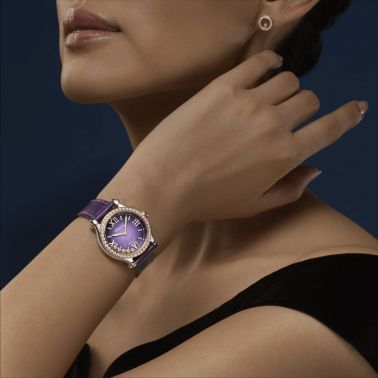 Chopard Happy Sport automatic bezel set purple mother-of-pearl dial purple leather strap 33 mm