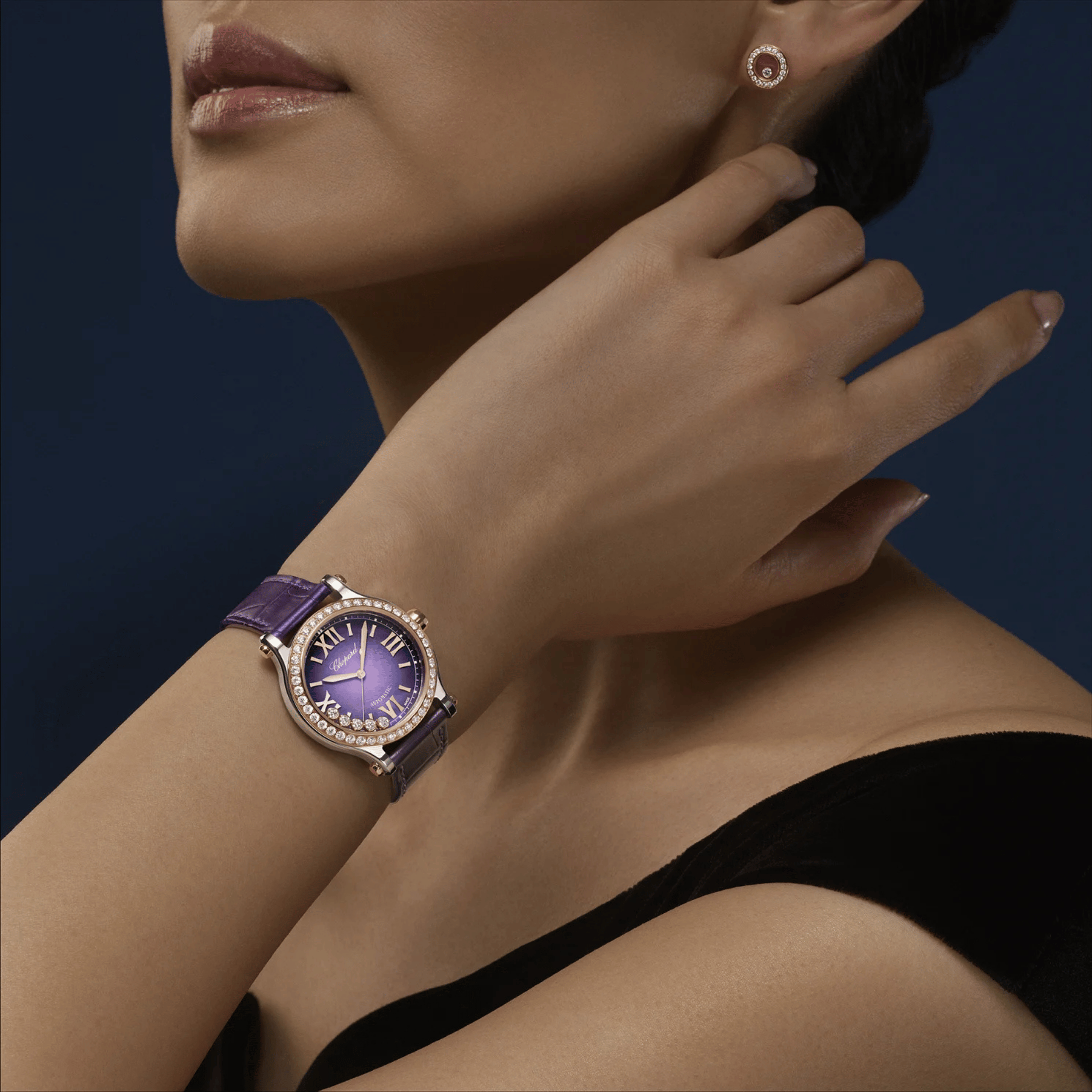 Chopard Happy Sport automatic bezel set purple mother-of-pearl dial purple leather strap 33 mm