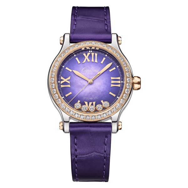 Montre Chopard Happy Sport automatique lunette sertie cadran nacre perlée violette bracelet cuir violet 33 mm