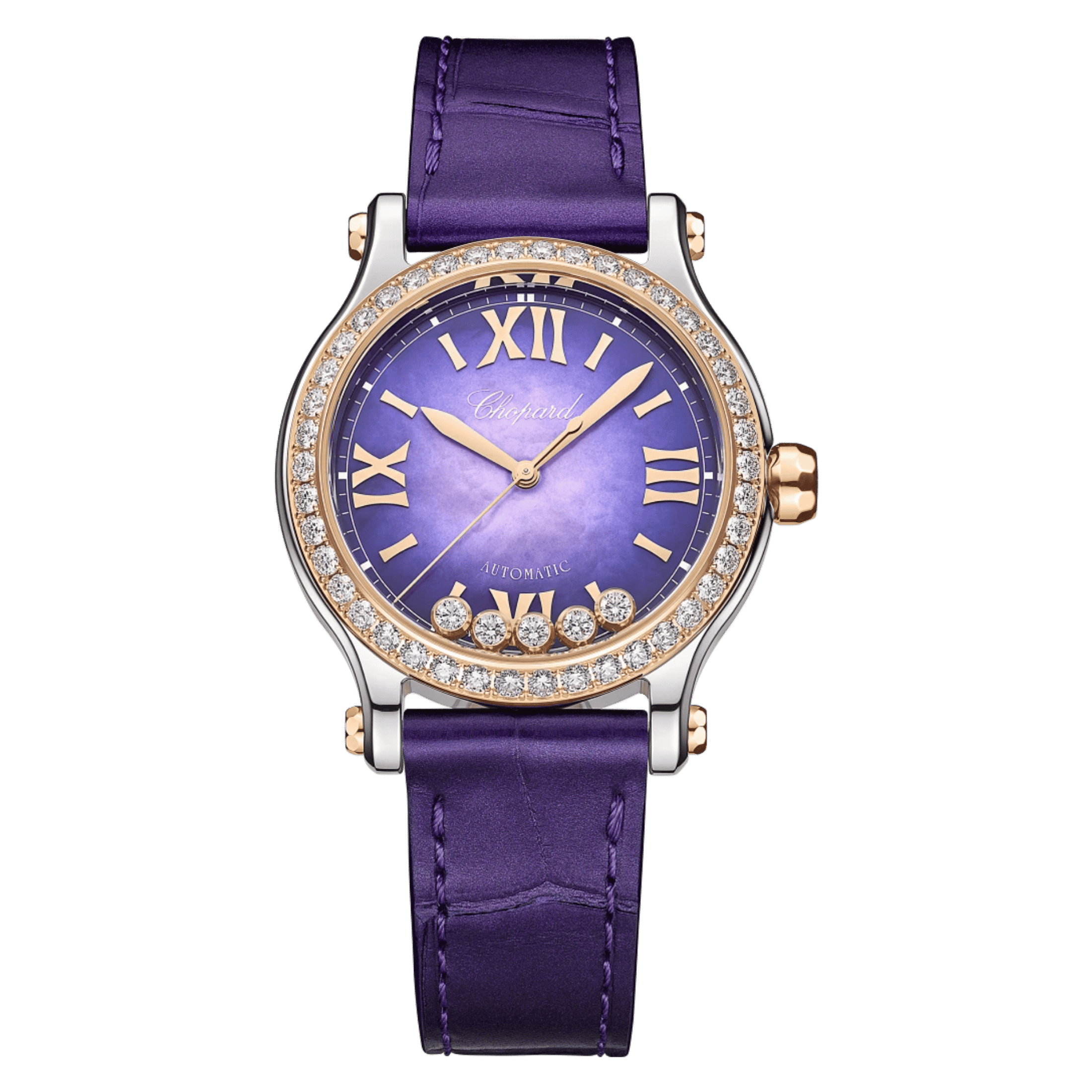 Chopard Happy Sport automatic bezel set purple mother-of-pearl dial purple leather strap 33 mm