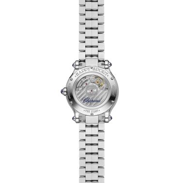 Montre Chopard Happy Sport The First automatique lunette sertie cadran nacre blanche bracelet acier 33 mm
