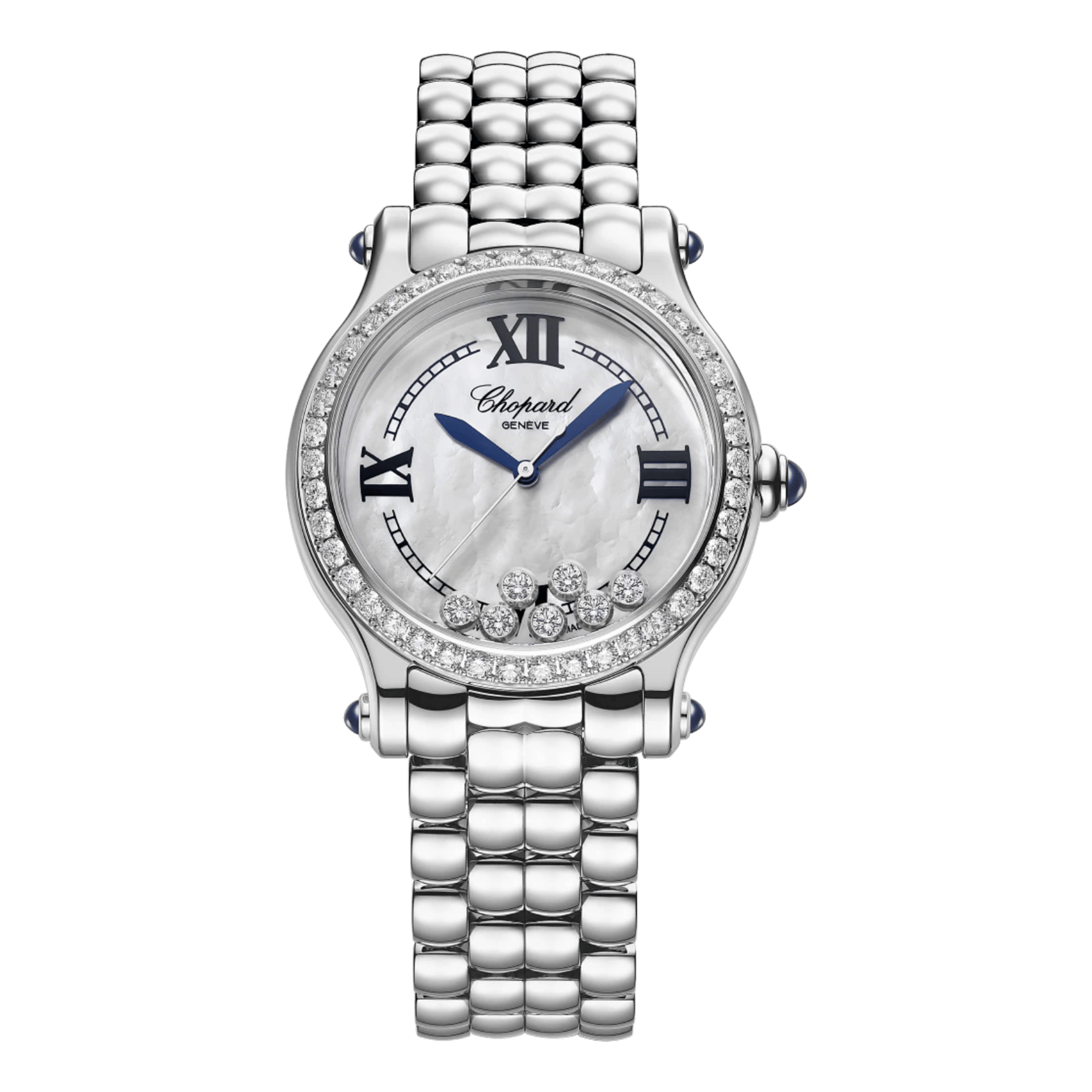 Montre Chopard Happy Sport The First automatique lunette sertie cadran nacre blanche bracelet acier 33 mm