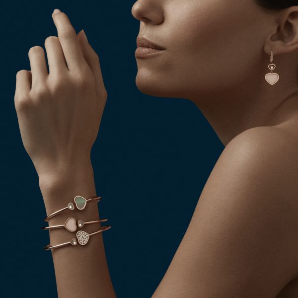 Chopard Happy Hearts earrings in rose gold, diamonds, and pink opal