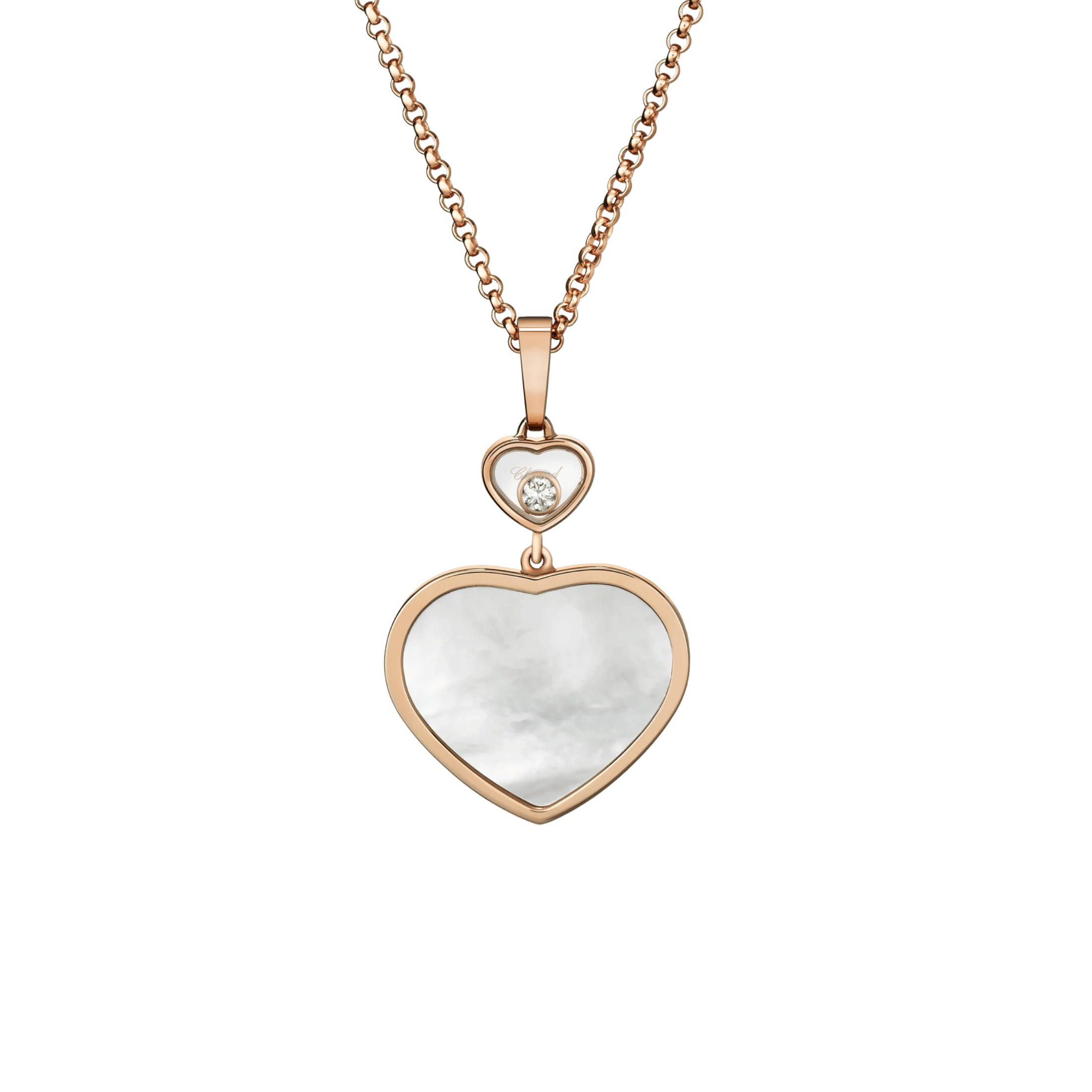 Chopard Happy Hearts necklace in rose gold, diamonds, and mother-of-pearl