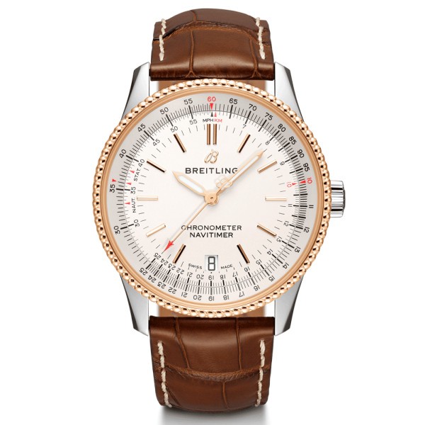 Montre Breitling Navitimer 1 B17 automatique cadran argent bracelet croco gold 38 mm