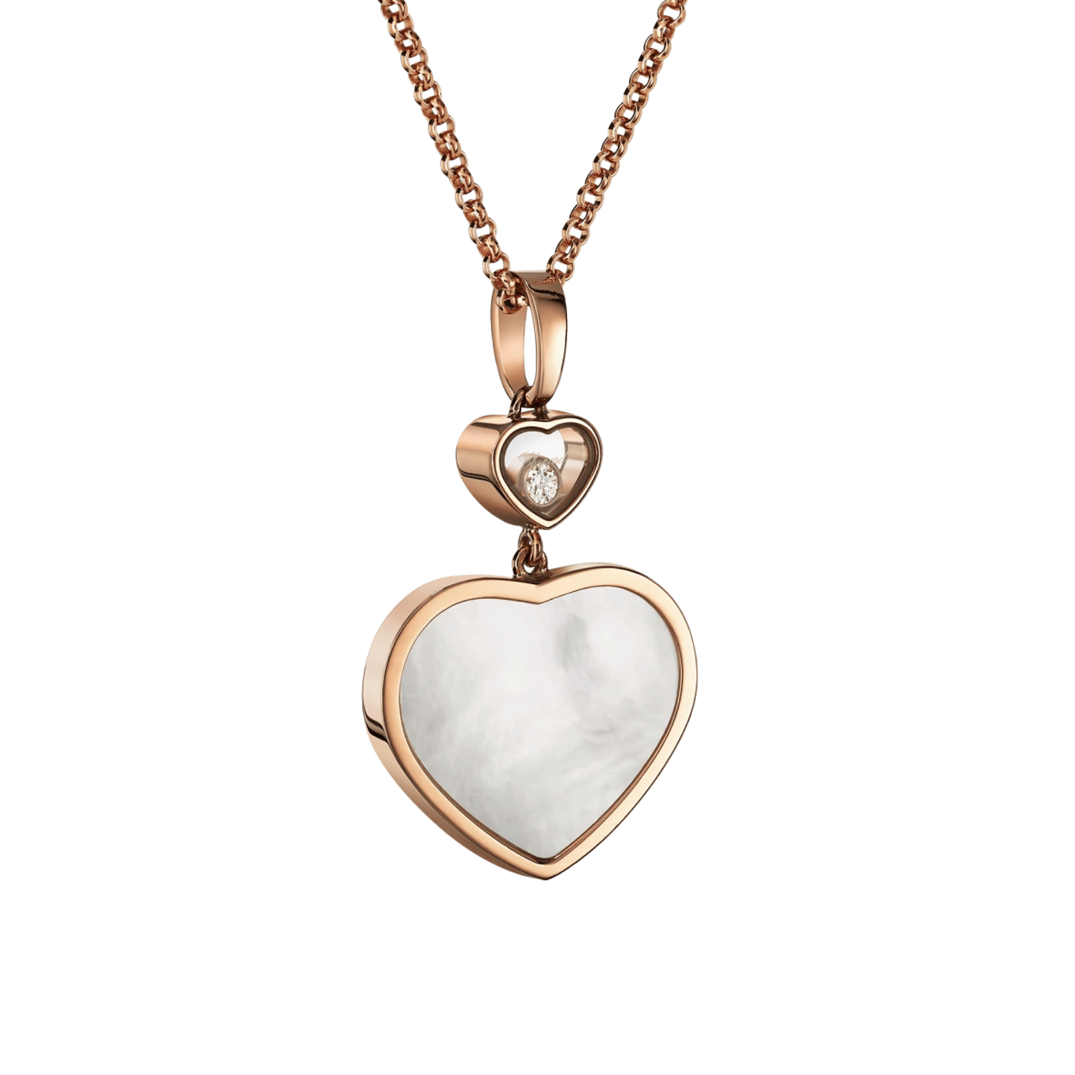 Chopard Happy Hearts necklace in rose gold, diamonds, and mother-of-pearl